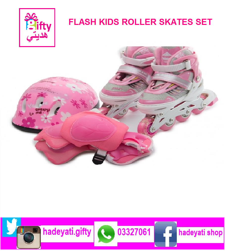 FLASH KIDS ROLLER SKATES SET ADJUSTABLE WITH LED WHEELS PINK