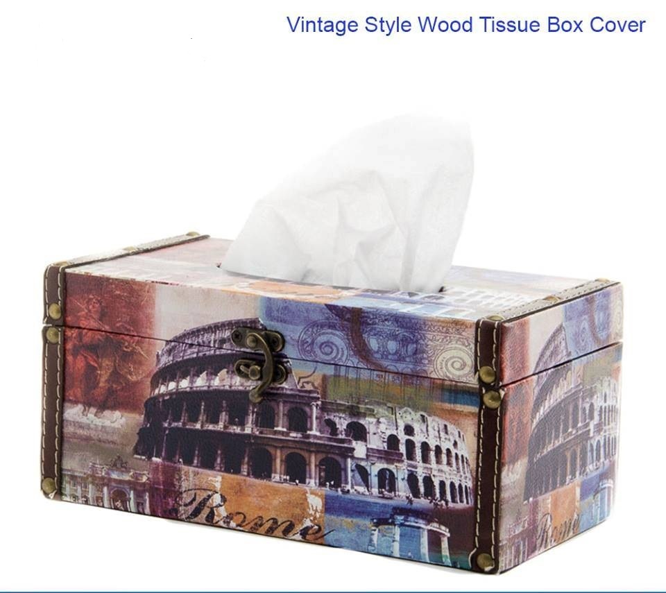Vintage Style Design Wood Facial Tissue Box Cover / Tabletop Napkin Holder
