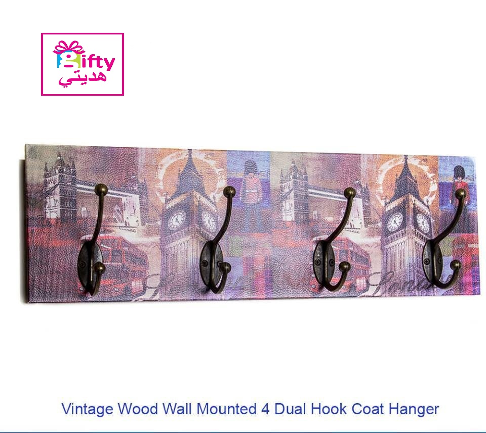 Vintage Wood Wall Mounted 4 Dual Hook Coat Hanger