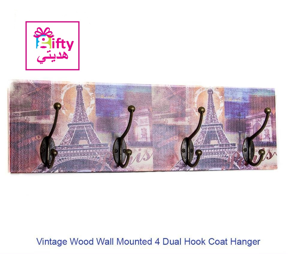 Vintage Wood Wall Mounted 4 Dual Hook Coat Hanger