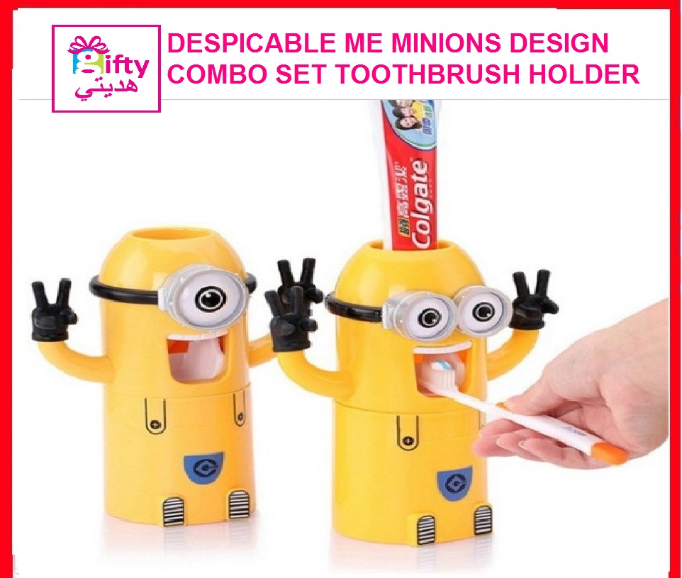 DESPICABLE ME MINIONS DESIGN COMBO SET TOOTHBRUSH HOLDER AUTOMATIC TOOTHPASTE DISPENSER WITH RINSE CUP