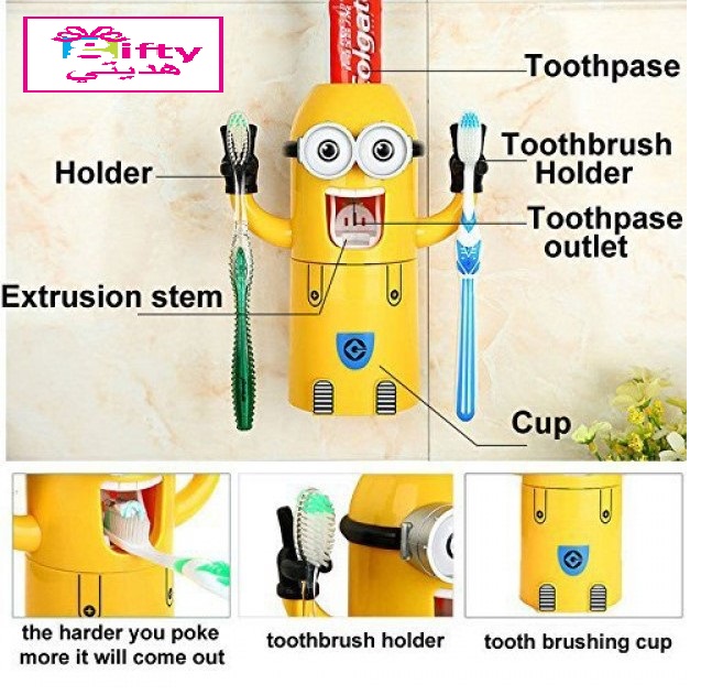 DESPICABLE ME MINIONS DESIGN COMBO SET TOOTHBRUSH HOLDER AUTOMATIC TOOTHPASTE DISPENSER WITH RINSE CUP
