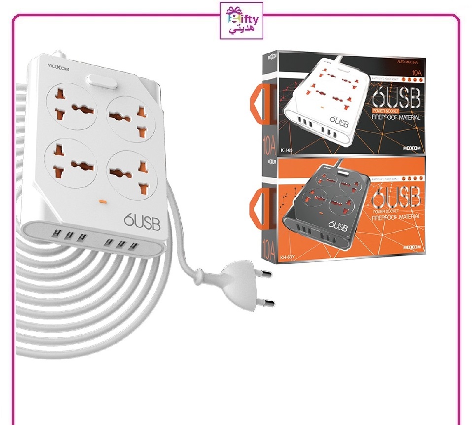 Moxom KH-63 Power Strip 4 Universal Socket With 6 USB Output 3.4A & 1.5m